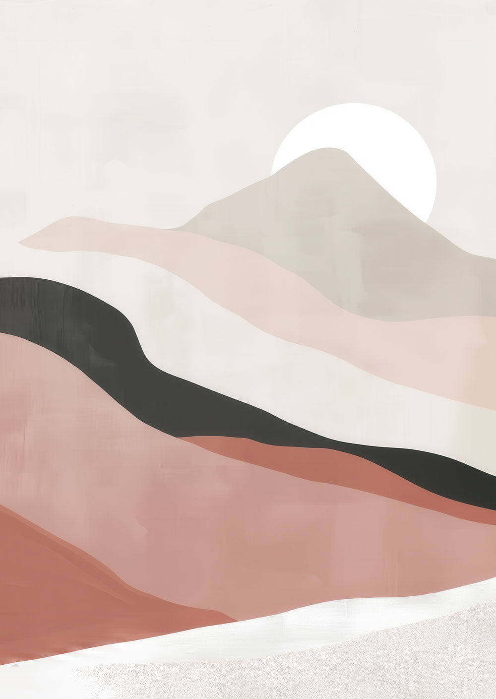 Affiche murale contemporaine de style Japandi, d'un paysage aux collines rose, noire et beige.