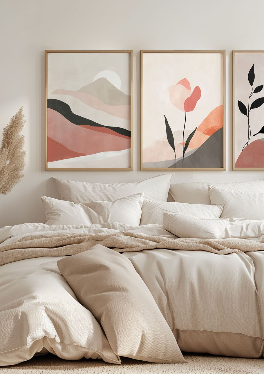 Affiche murale contemporaine d'un paysage de collines zen encadrée dans une chambre.