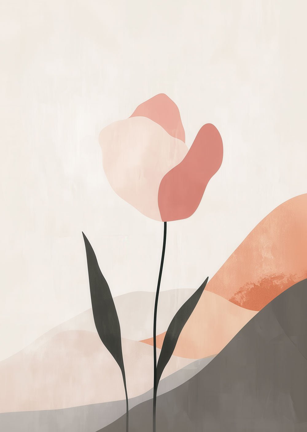 Affiche murale contemporaine représentant une fleur de style Wabi-Sabi, rose, grise et crème.