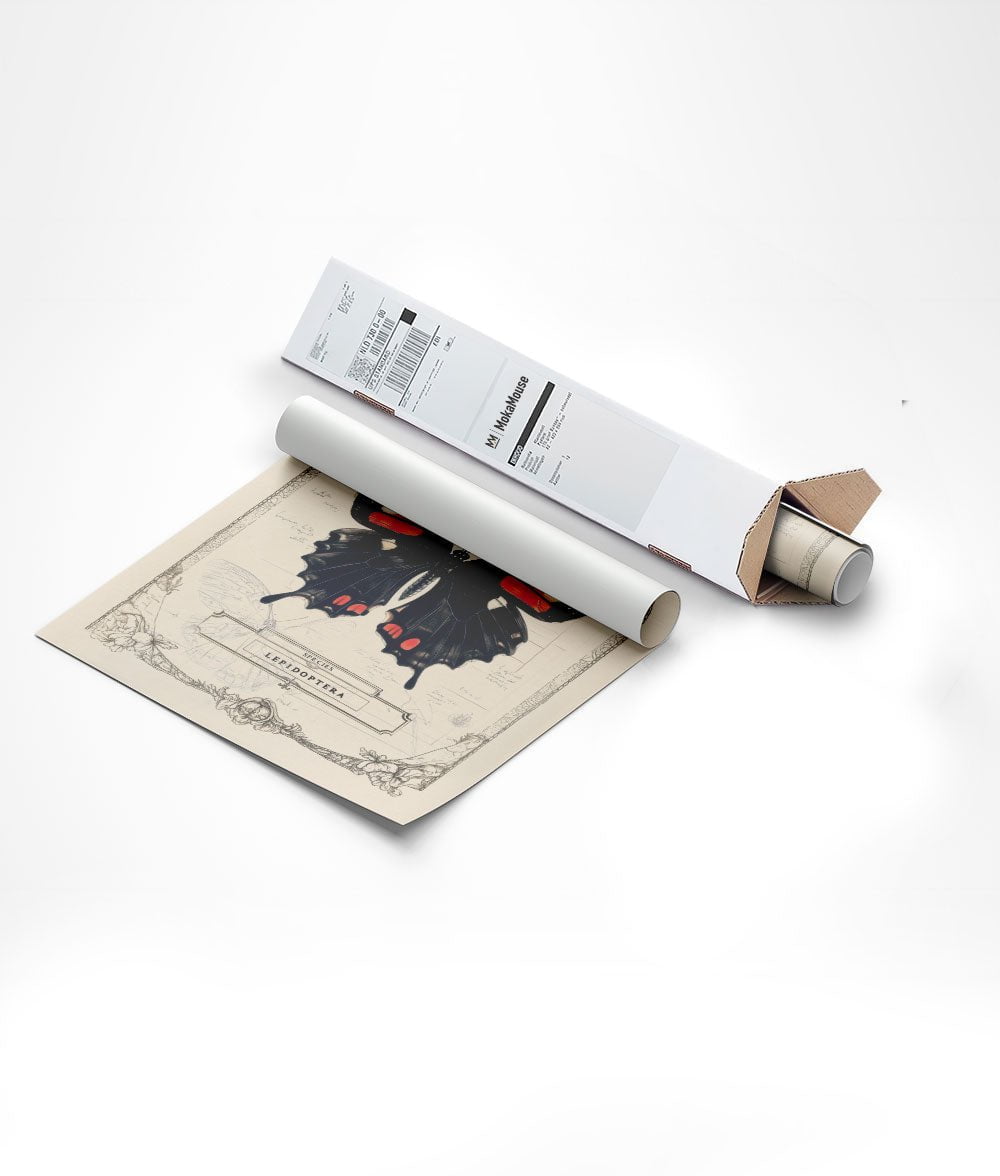 planche naturaliste de l'affiche papillonmystique, emballée dans son carton d'expédition.