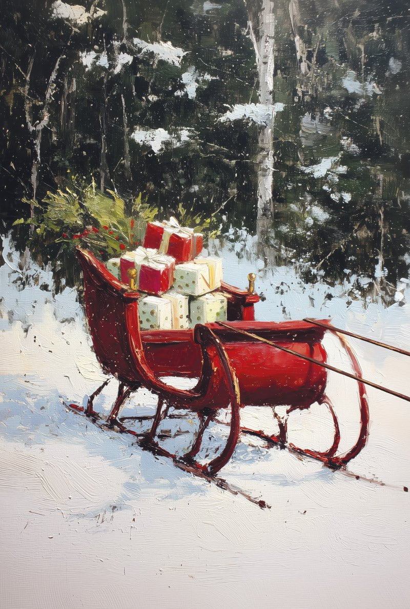Format 40x60cm du poster noel peinture d'un traineau dans la foret enneigée