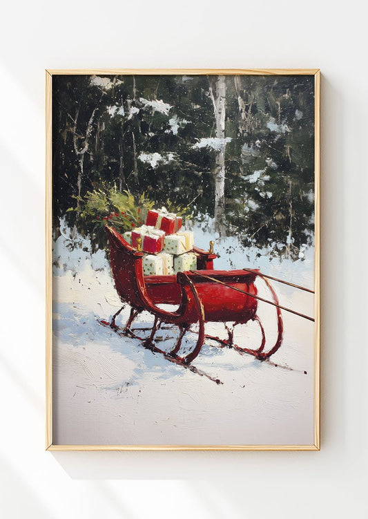 Affiche de noel d'une peinture à l'huile d'une traineau rouge rempli de cadeau, dans un cadre
