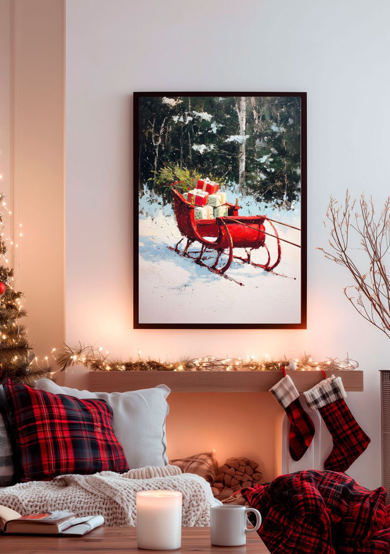 Mise en situation dans un décor de noël de l'affiche de noel d'un traineau rouge avec des cadeaux
