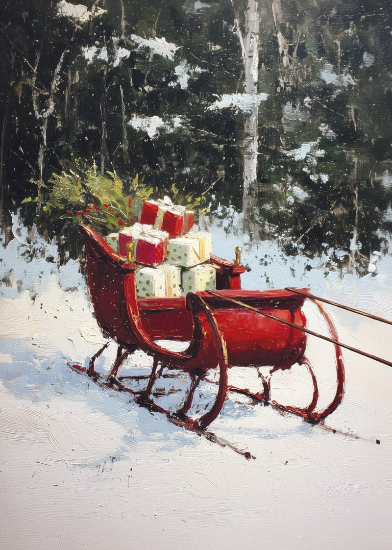Affiche de noel d'une peinture à l'huile d'un traineau rouge rempli de cadeau, dans la neige