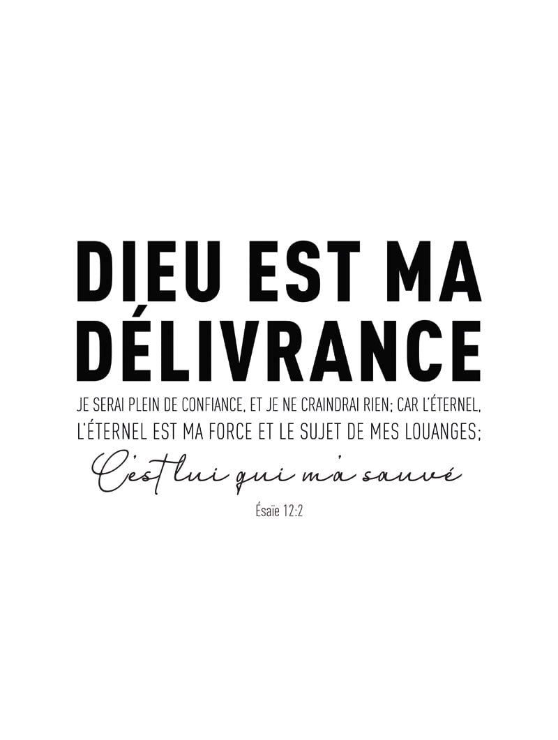 Format 30x40cm de l'affiche "dieu est ma délivrance" d'Esaïe 12:2