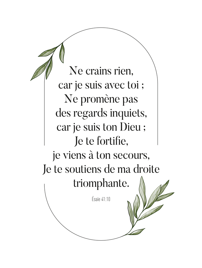 Affiche typographie "ne crains rien" tirée de la bible, entourée de feuilles d'olivier en format 30x40cm