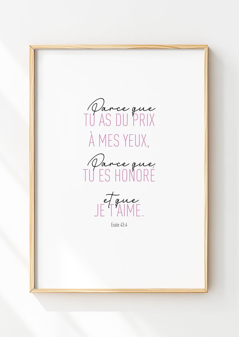 Affiche chrétienne verset de la bible Esaïe 43:3 en rose et noir dans un cadre en bois