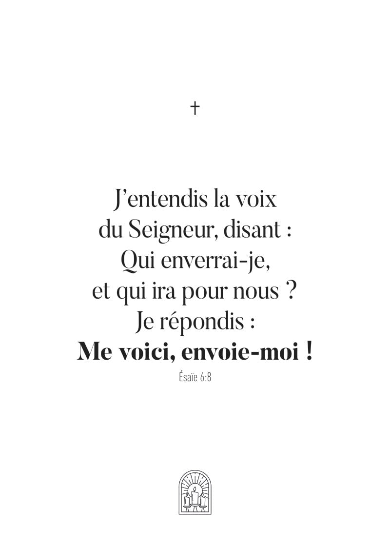 Affiche chrétienne verset biblique Esaïe 6:8 typographie noir sur fond blanc avec un logo vitrail