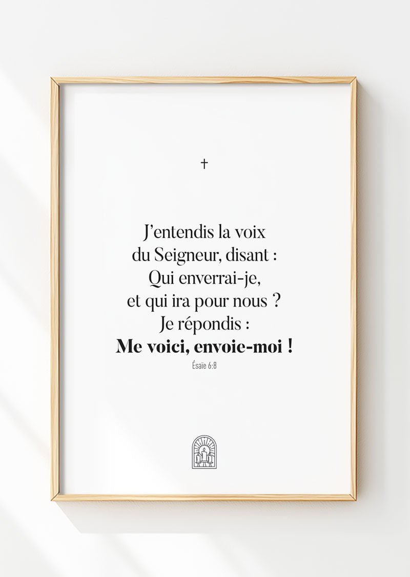 Affiche chrétienne d'un verset de la bible Esaïe 6:8 mis en valeur dans un cadre en bois
