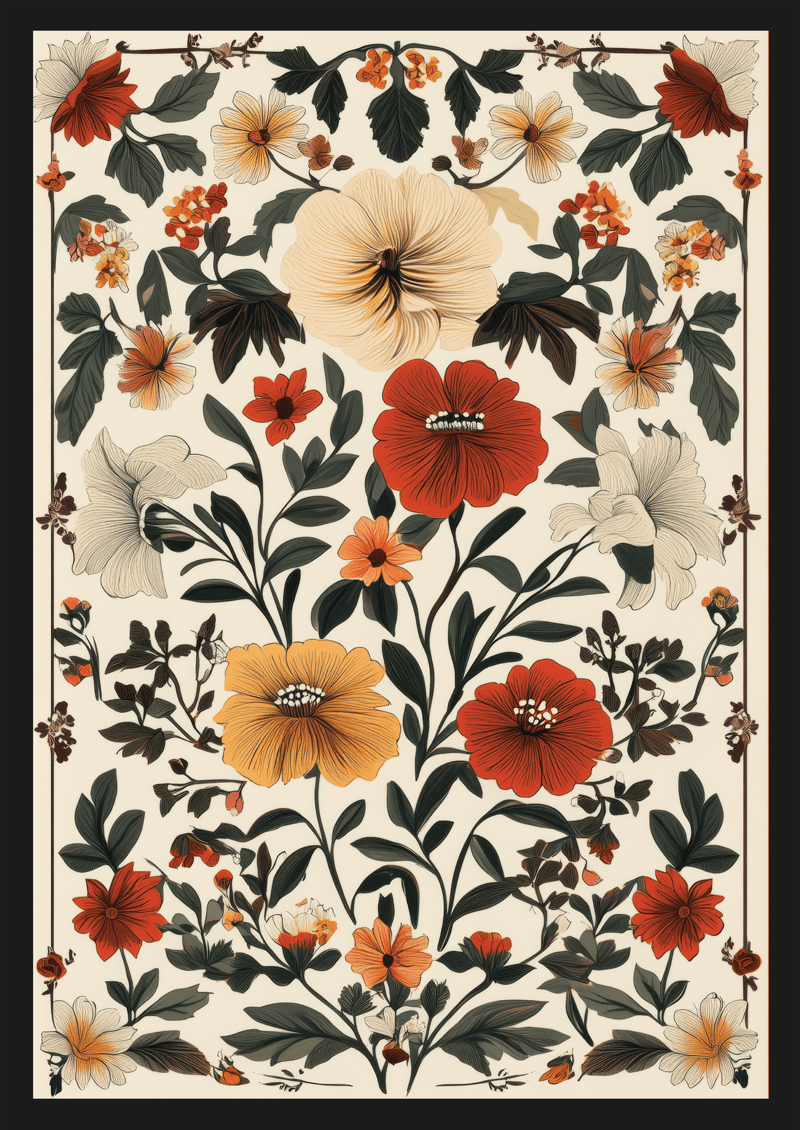 Affiche murale botanique représentant une illustration de fleurs rouges blanches et jaunes, avec une bordure noire.