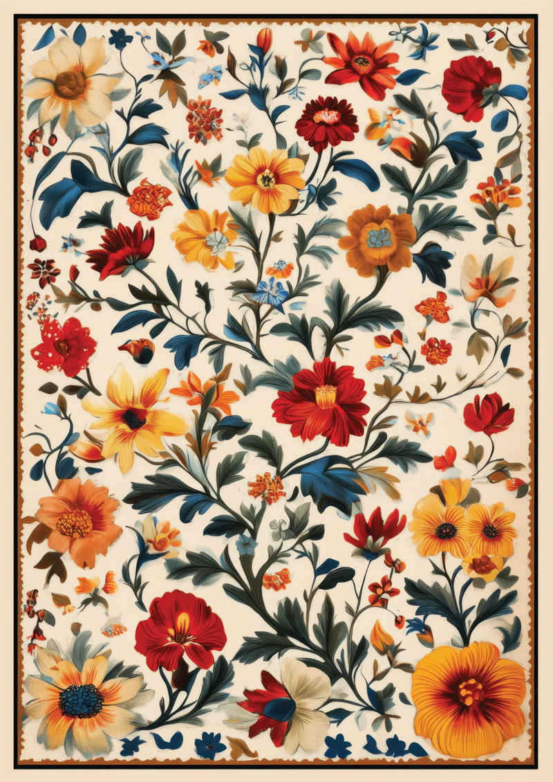 Affiche murale botanique illustrée de multiples fleurs jaune, rouge, orange, sur un fond crème.