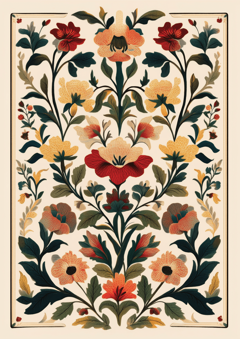 Affiche murale botanique façon kaléidoscope, de fleurs colorées avec une légère bordure.