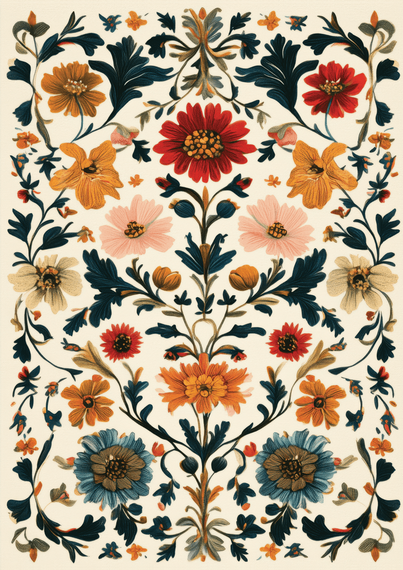 Affiche murale botanique présentant un kaléidoscope de fleurs orange, bleue, rose, rouge sur fond crème.