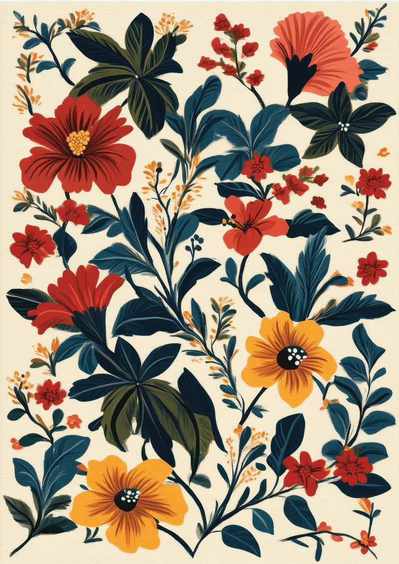 Affiche murale botanique illustrant des fleurs jaunes et rouges, sur fond crème.