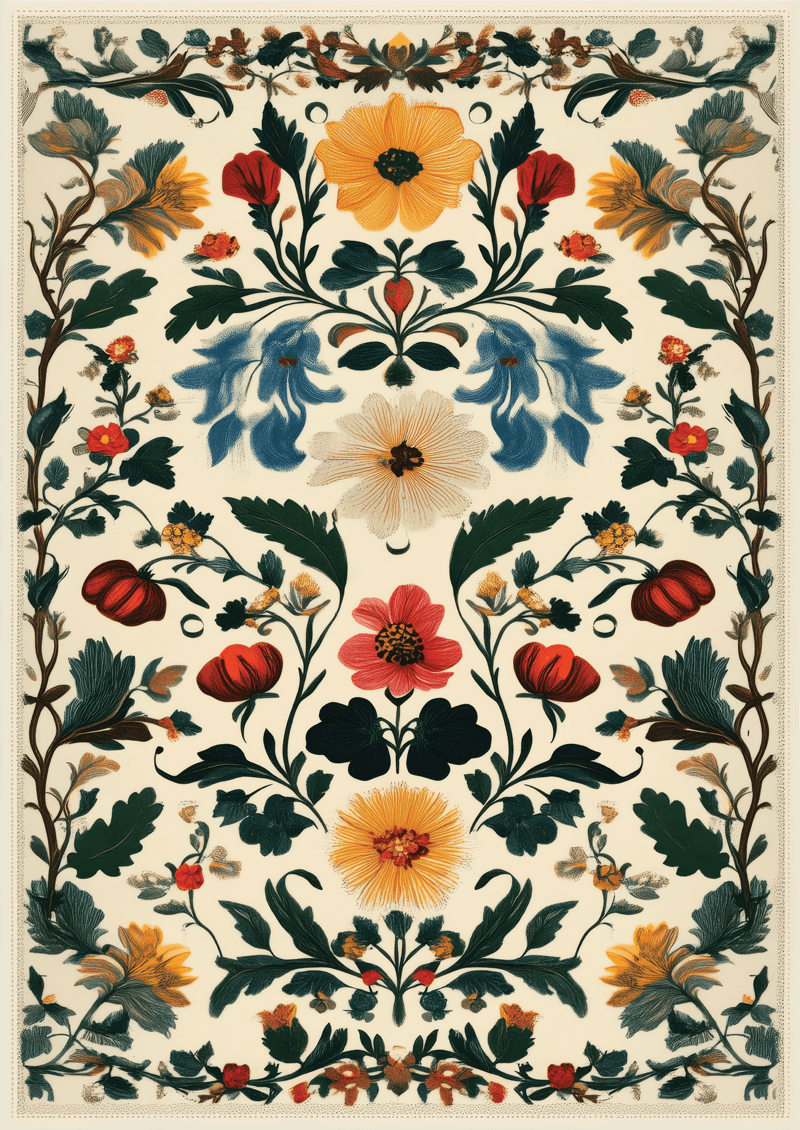 Affiche murale botanique, un kaléidoscope de nombreuses fleurs et feuilles de différentes couleurs.