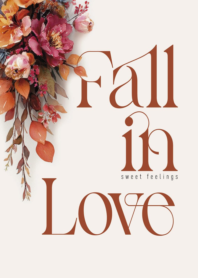 Affiche automne d'une composition florale avec le texte en marron "fall in love" sur fond beige