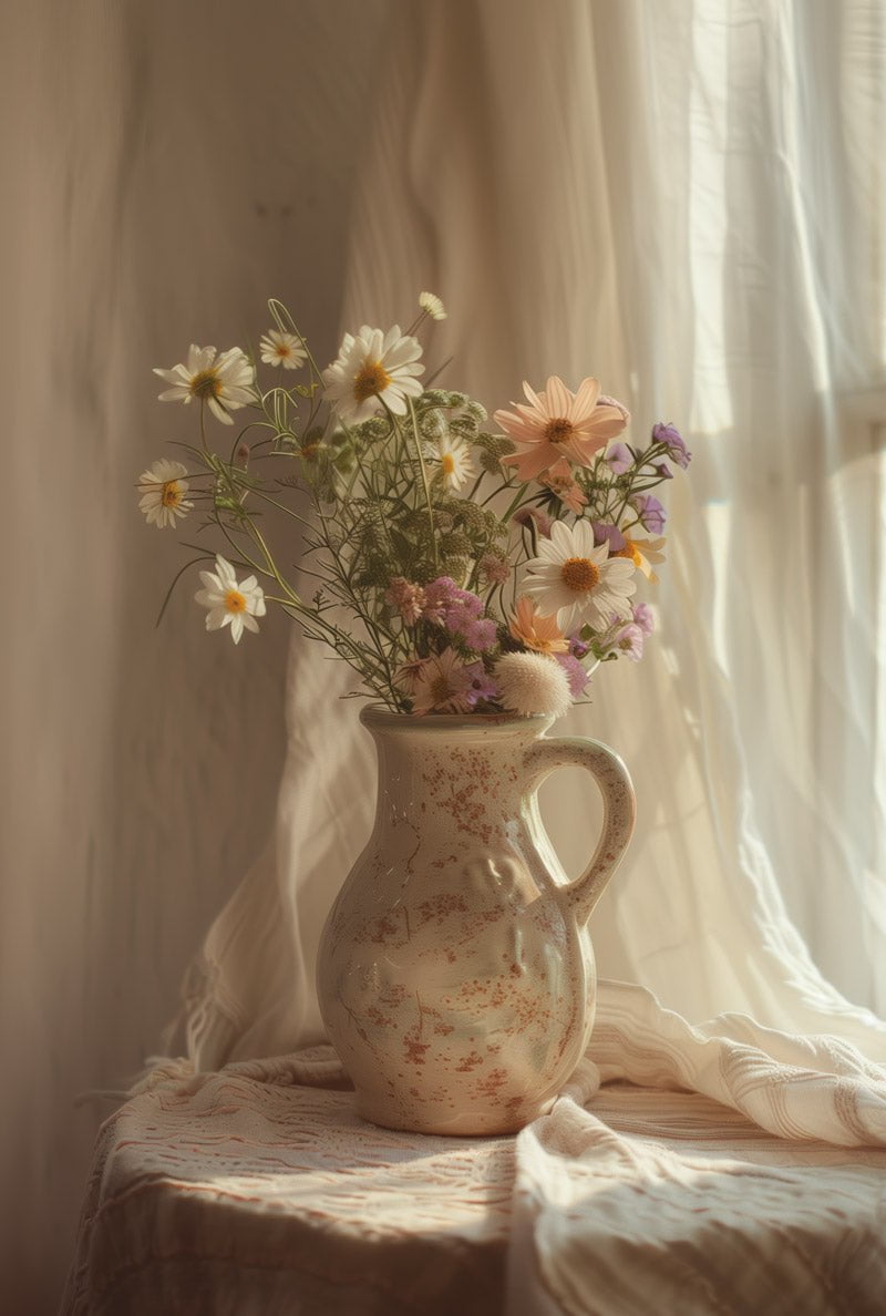 Poster campagne vase et fleurs avec un rideau en arrière plan, dans un format 40x60cm