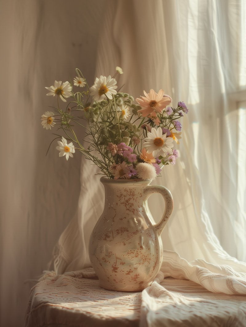 Format 30x40cm du poster campagne montrant un vase et un bouquet de fleurs