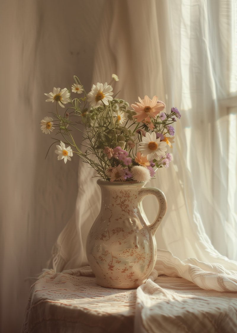 Affiche automne montrant des fleurs de campagne dans un vase beige, avec un rideau en arrière plan
