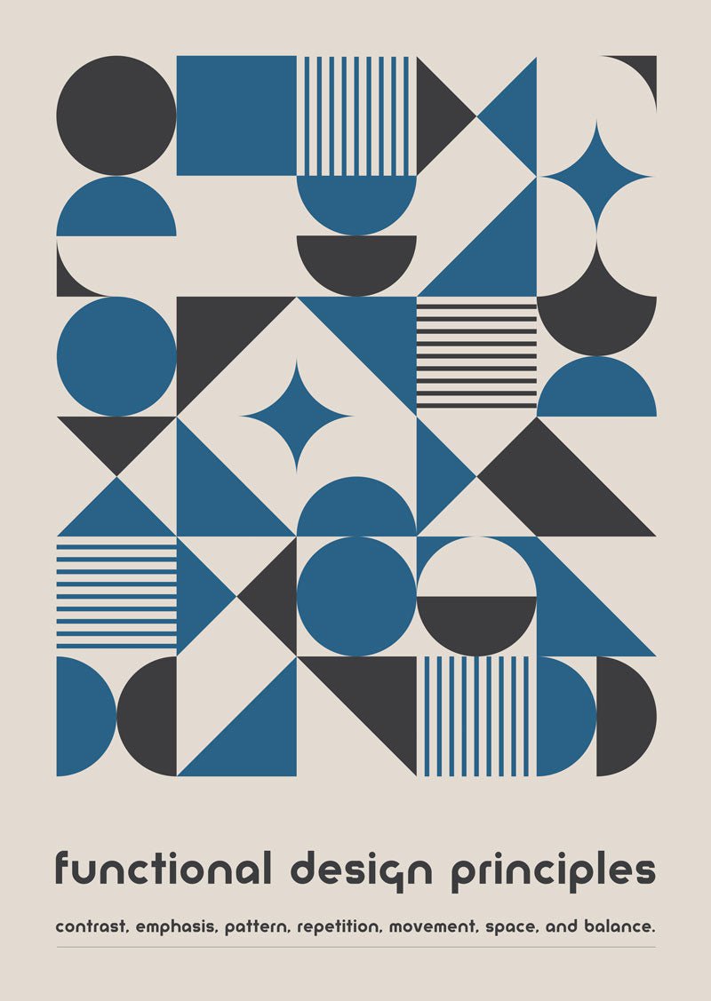 Affiche bauhaus de formes géométriques gris et bleu avec texte.