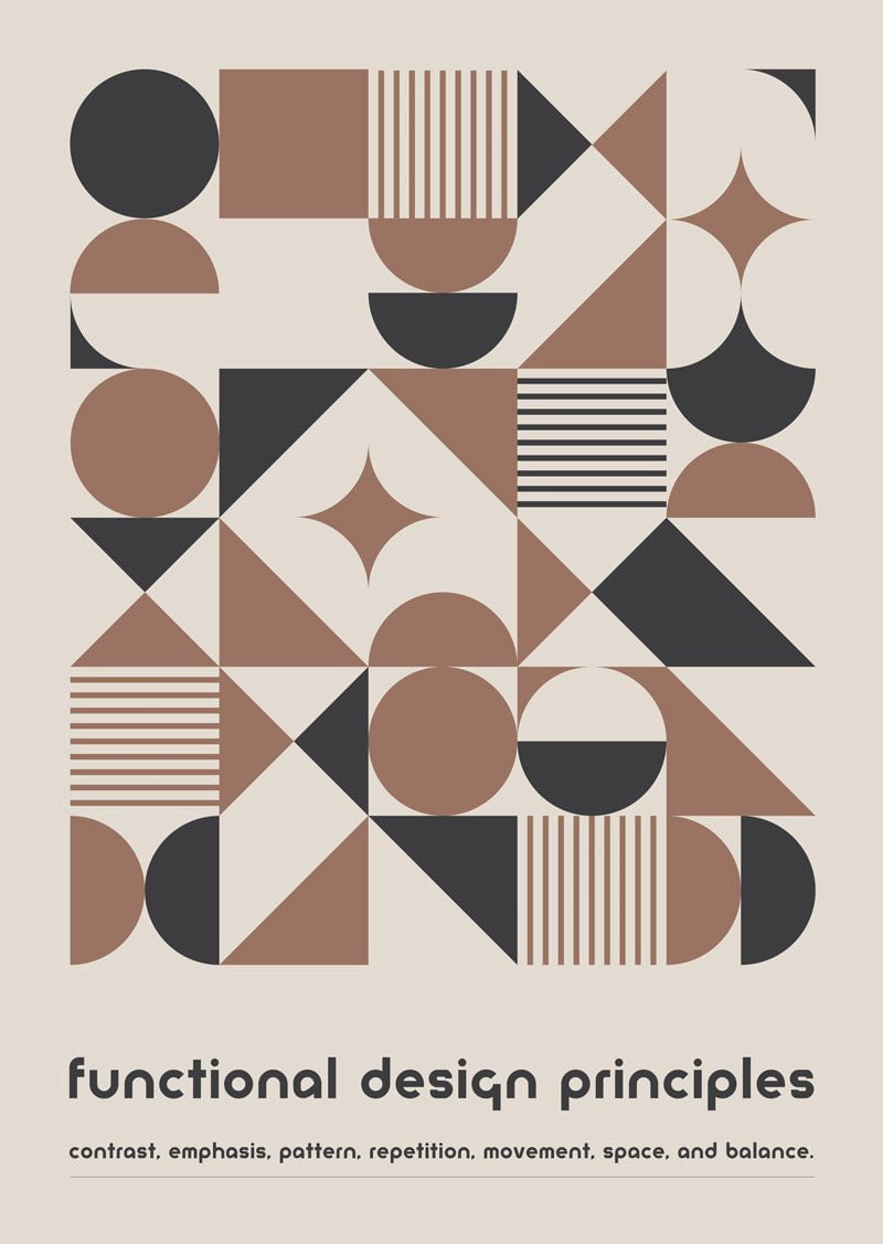 Affiche bauhaus de formes géométriques gris et mocha avec texte.