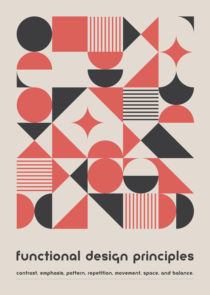 Affiche bauhaus de formes géométriques gris et rouge avec texte.