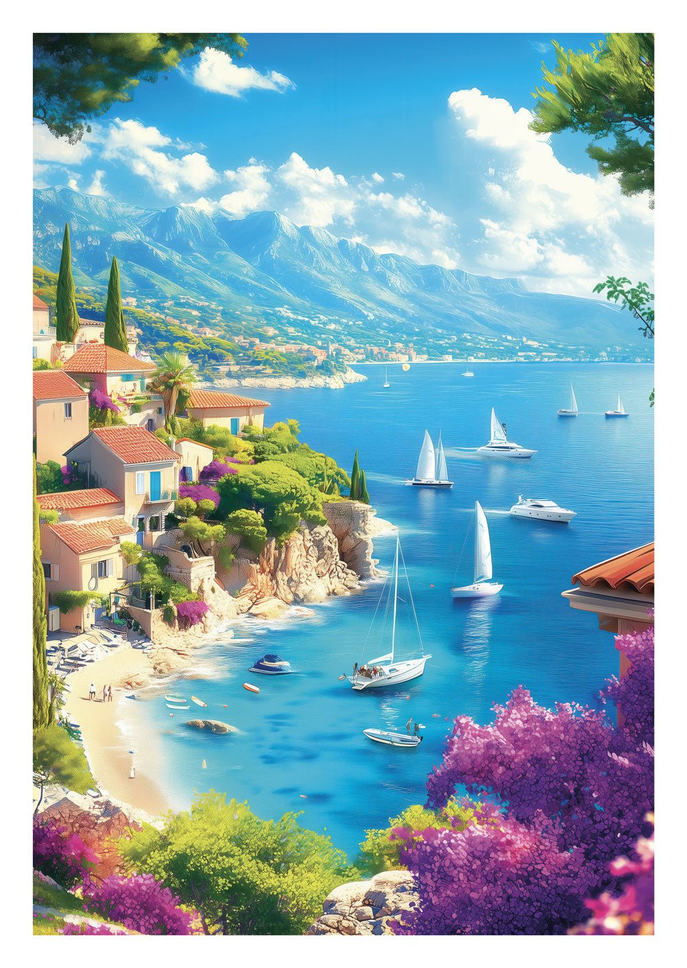 Affiche illustration d'une vue époustouflante sur une crique de la French Riviera, avec des voiliers.