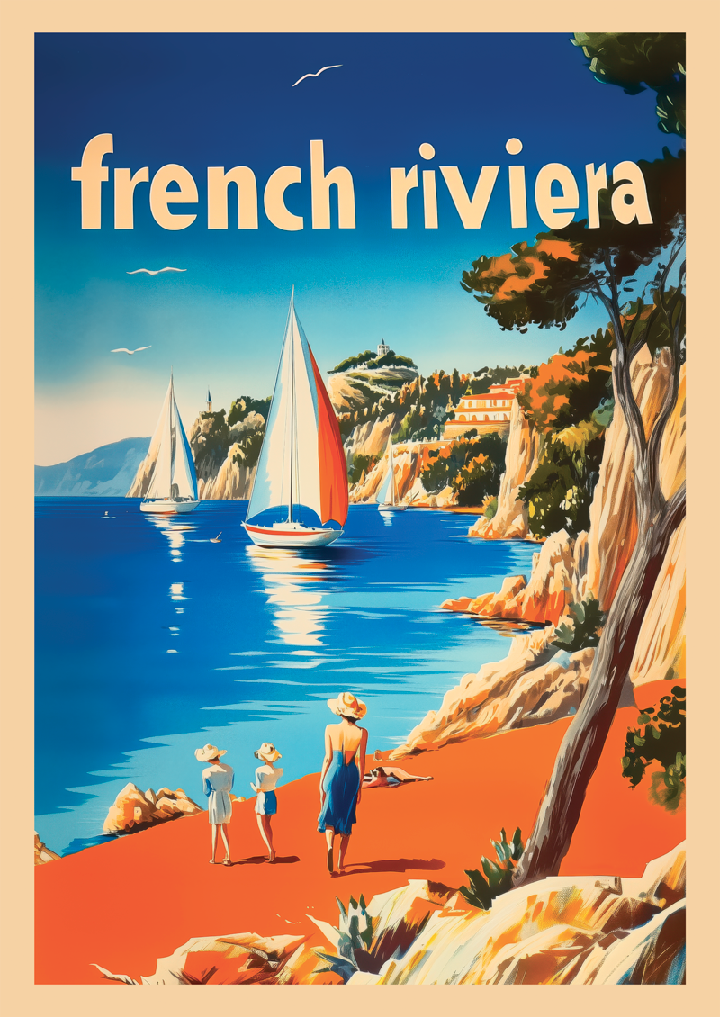Affiche vintage d'une illustration de la French Riviera et son bord de mer.