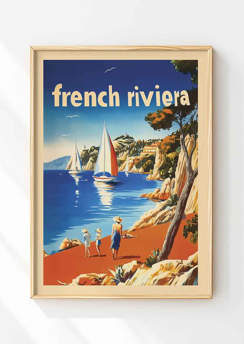Poster vintage d'une illustration de la French Riviera dans un cadre en bois