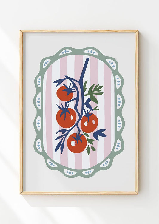 Poster mural été représerntant une illustration d'une grappe de tomates dans un cadre en bois