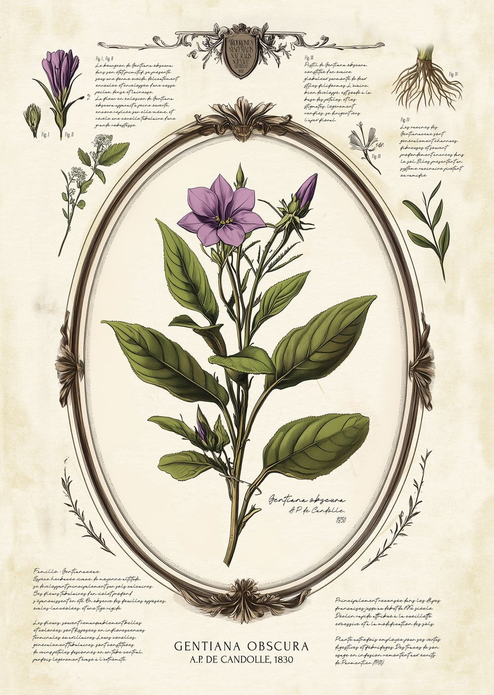 Planche botanique ancienne présentant une plante florale pour une décoration de cabinet de curiosités.