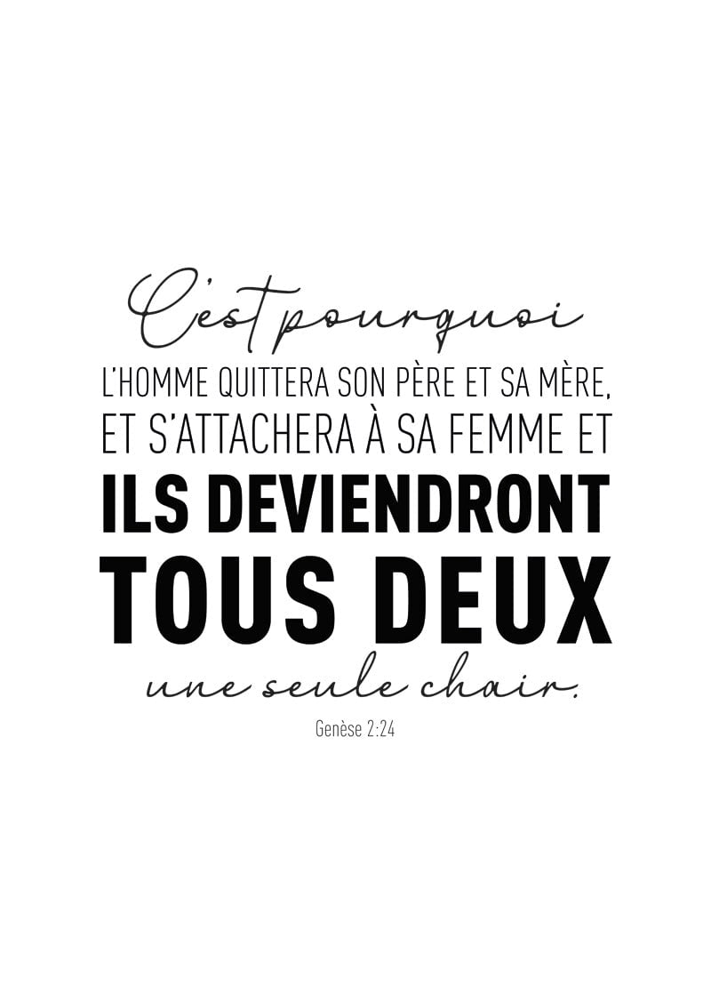 Affiche chrétienne verset Genèse 2:24 "c'est pourquoi l'homme quittera son père et sa mère" typo noir.