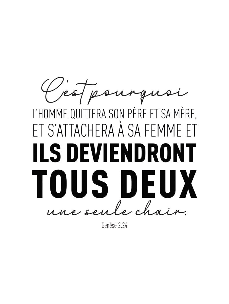 Poster typographie du texte genèse 2:24 en noir sur blanc en format 30x40cm
