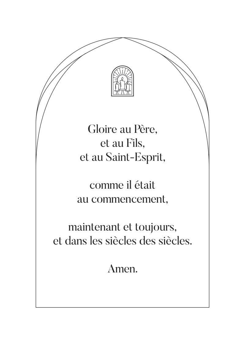 Affiche chrétienne de la prière "gloire au père" écrite au centre d'une voute avec une vignette symbolique