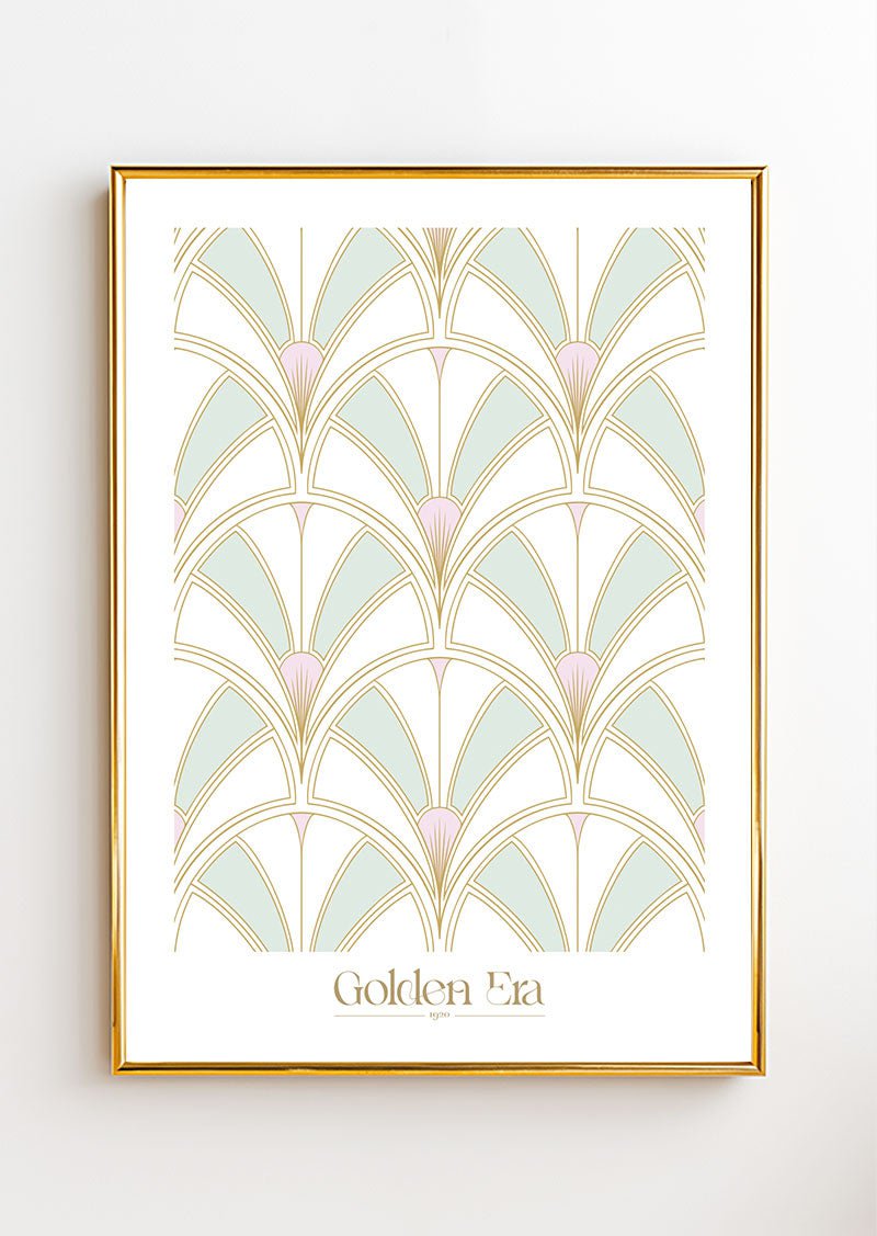 Poster Art Déco 1930 d'un pattern symétrique au contour doré, dans un cadre or
