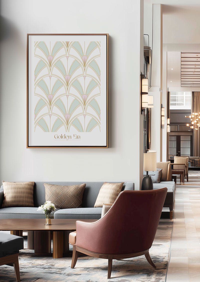 Poster Art Deco géométrique dans un cadre exposée dans un hotel.