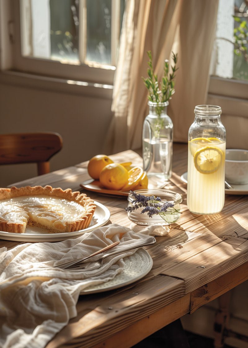 Affiche automne d'une photographie d'une scène de goûter à la campagne avec une tarte