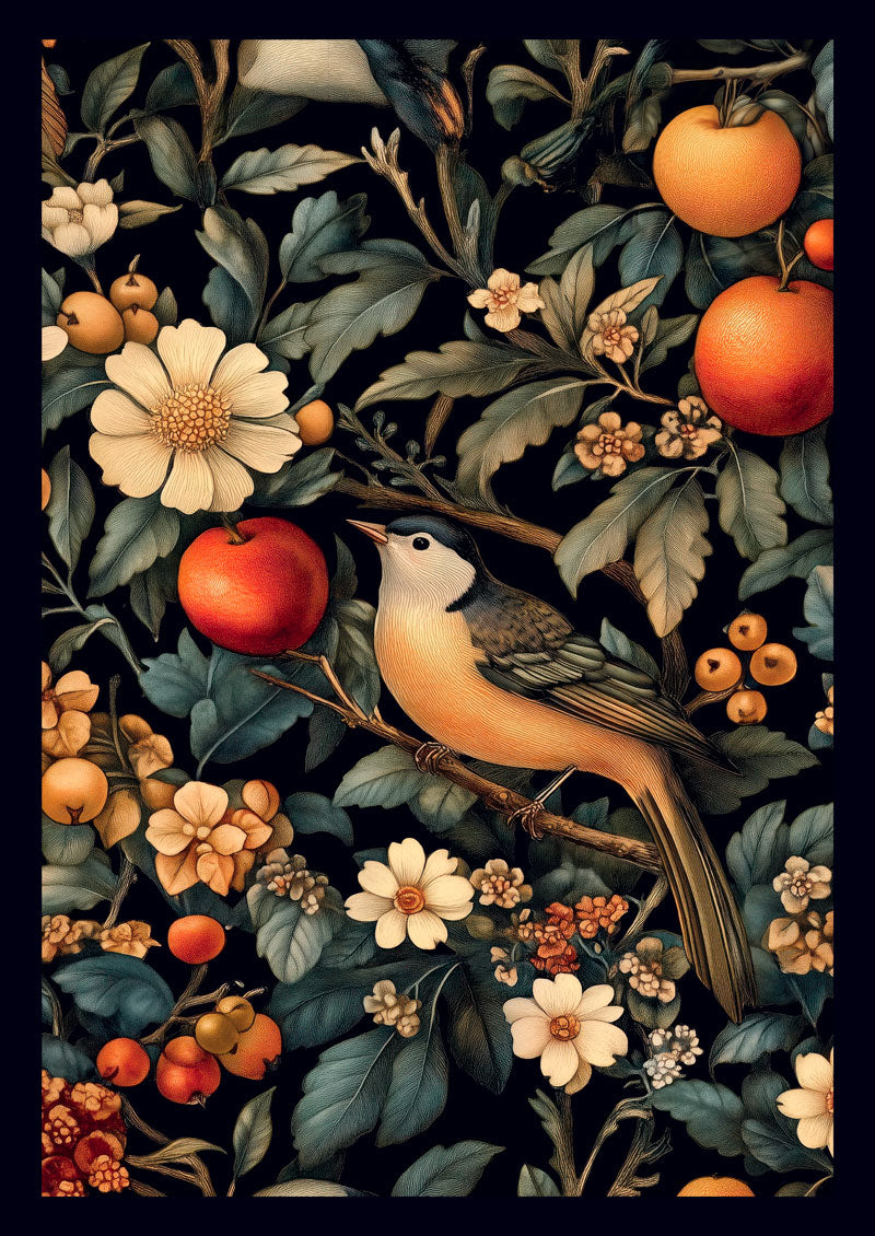 Affiche murale botanique William Morris d'un oiseau sur une branche de pommier, de fleurs et fruits, sur fond noir.