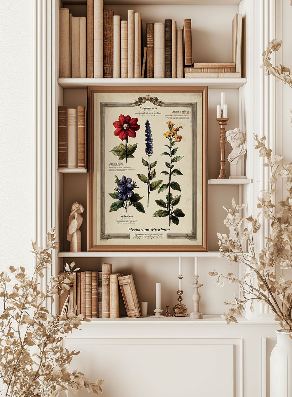 planche botanique ancienne Herbarium encadrée dans une décoration cabinet de curiosités.