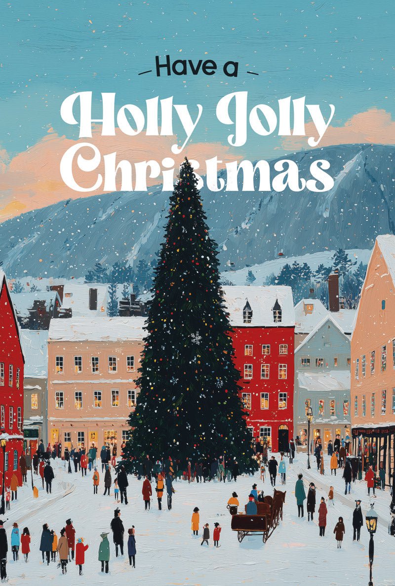 Poster noel d'une place animée pour les fêtes avec un grand sapin au centre, en format 40x60cm