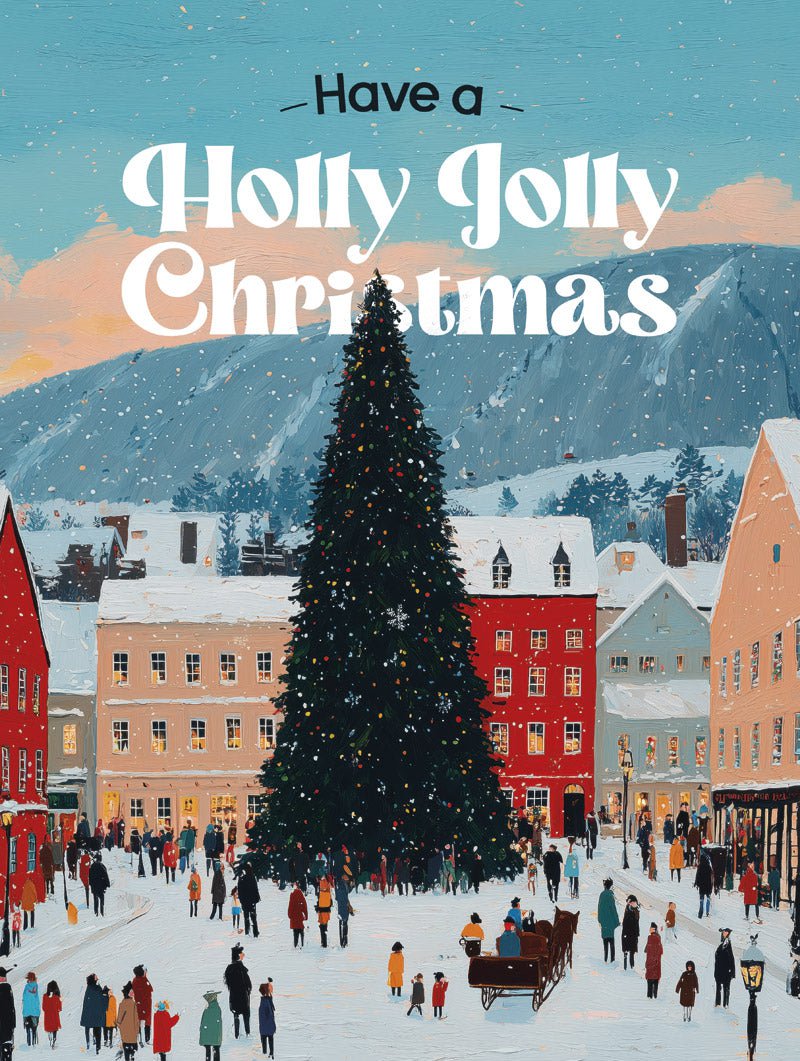 Poster de noel représentant un village de noel avec un sapin décoré, en format 30x40cm