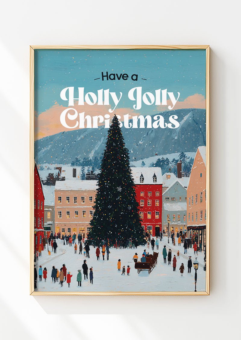 Affiche de noel illustration d'un village de noel avec un grand sapin décoré, dans un cadre