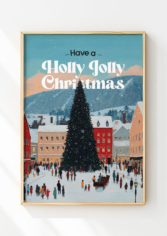 Affiche de noel illustration d'un village de noel avec un grand sapin décoré, dans un cadre