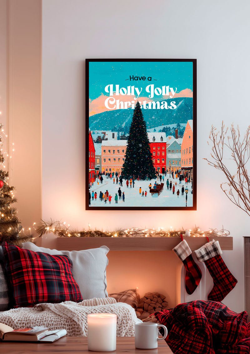 Affiche de noel représentant un village de noel avec un sapin, encadrée sur le mur d'un salon