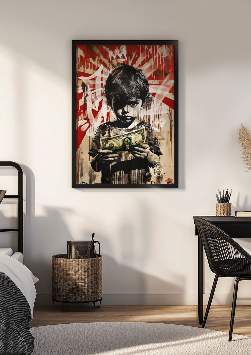 Affiche Street Art d'un enfant tenant un billet, encadrée sur le mur d'une chambre.