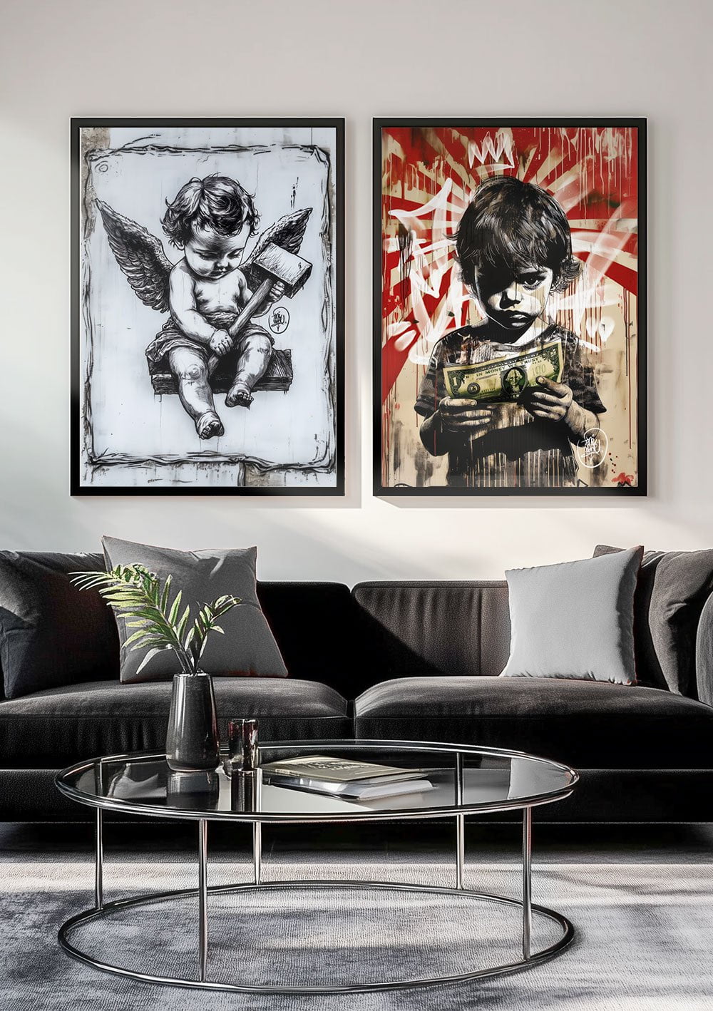 Duo de posters street art inspirés de banksy encadrés au dessus d'un canapé.