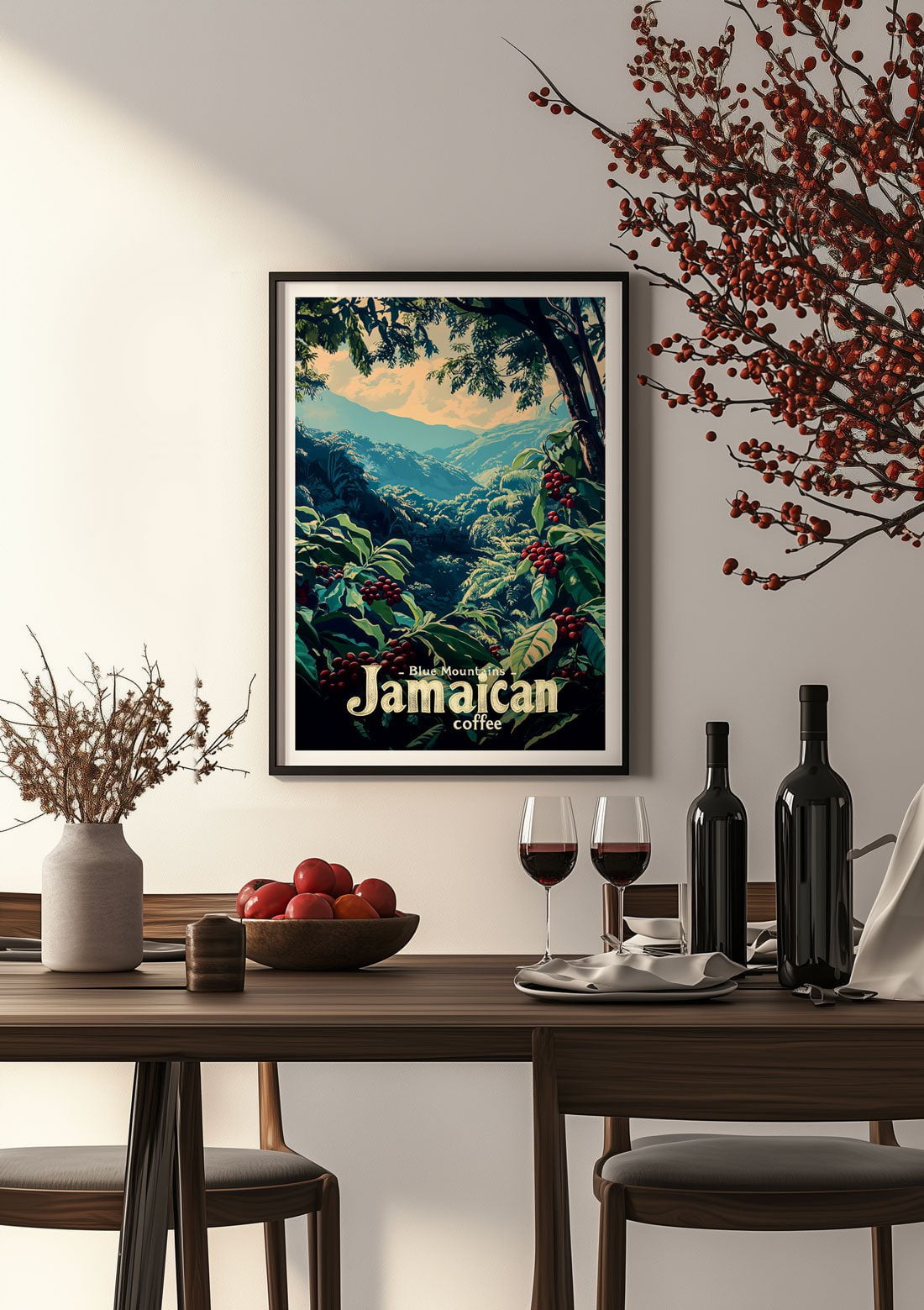 Affiche cuisine des "blue mountains" mise en situation dans une salle à manger.