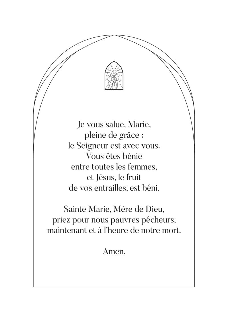 Affiche chrétienne de la prière "je vous salue marie" en typo noir sur fond blanc, avec une voute et un médaillon