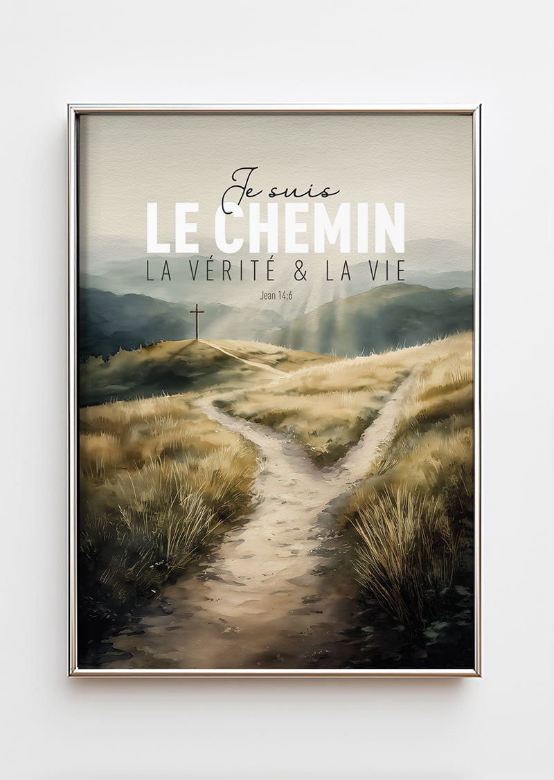 Affiche chrétienne d'une illustration à la tablette d'un chemin vers la croix, dans un cadre chrome