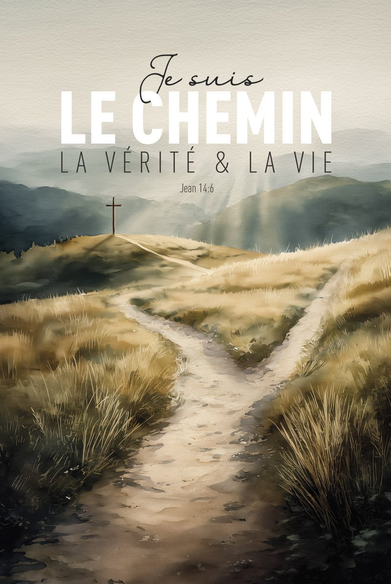 Poster peinture digitale d'un chemin séparé en deux, l'un menant à la croix en format 40x60 cm